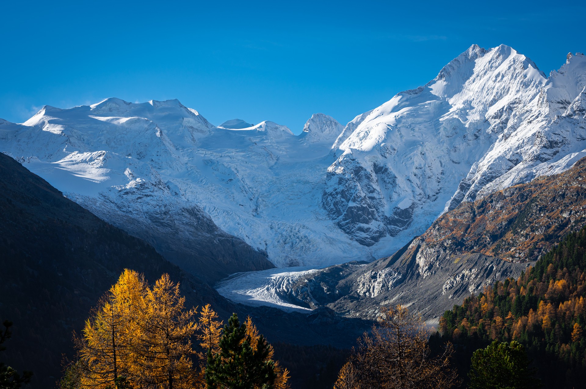 Majestic view of the Morteratsch Glacier, Switzerland in autumn